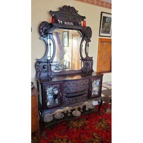 140 - A LARGE 19TH CENTURY MIRROR BACKED CHERRY MAHOGANY SIDEBOARD / SERVER, the mirrored back with shaped... 