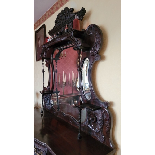 140 - A LARGE 19TH CENTURY MIRROR BACKED CHERRY MAHOGANY SIDEBOARD / SERVER, the mirrored back with shaped... 