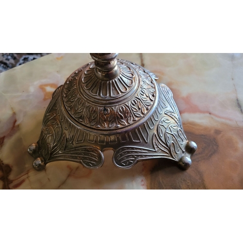 142 - A PAIR OF COLLECTABLE METAL & FAUX ONYX CLUB ASHTRAY / FLORAL BASKETS, each on a tri pod shaped base... 