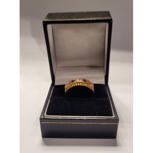 16 - A LOVELY ANTIQUE 18CT YELLOW GOLD RUBY AND DIAMOND RING, in the Georgian style, with three round cut... 