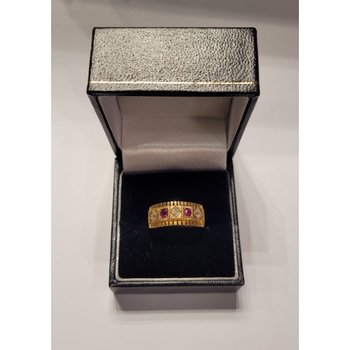 16 - A LOVELY ANTIQUE 18CT YELLOW GOLD RUBY AND DIAMOND RING, in the Georgian style, with three round cut... 