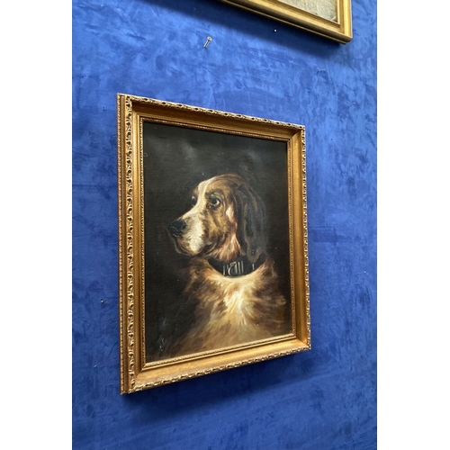 167 - A GILT FRAMED OIL ON CANVAS, portrait of a dog, unsigned, in giltwood frame. Stamped to reverse of c... 