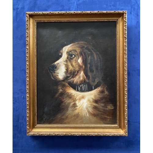 167 - A GILT FRAMED OIL ON CANVAS, portrait of a dog, unsigned, in giltwood frame. Stamped to reverse of c... 