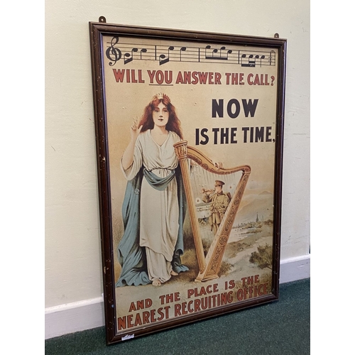 168 - A FRAMED REPRODUCTION IRISH WWI RECRUITMENT POSTER, reading ‘Will you answer the call? Now is the ti... 