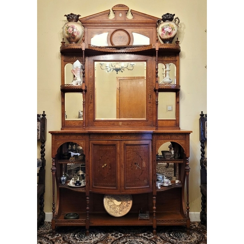 169 - AN EXCEPTIONAL SHERATON REVIVAL SATINWOOD INLAID & PAINTED MIRROR BACKED CHIFFONIER SIDEBOARD, a bea... 