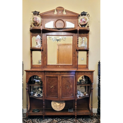 169 - AN EXCEPTIONAL SHERATON REVIVAL SATINWOOD INLAID & PAINTED MIRROR BACKED CHIFFONIER SIDEBOARD, a bea... 