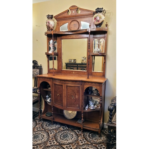 169 - AN EXCEPTIONAL SHERATON REVIVAL SATINWOOD INLAID & PAINTED MIRROR BACKED CHIFFONIER SIDEBOARD, a bea... 