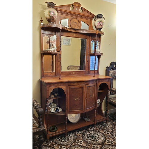 169 - AN EXCEPTIONAL SHERATON REVIVAL SATINWOOD INLAID & PAINTED MIRROR BACKED CHIFFONIER SIDEBOARD, a bea... 