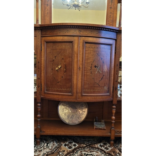 169 - AN EXCEPTIONAL SHERATON REVIVAL SATINWOOD INLAID & PAINTED MIRROR BACKED CHIFFONIER SIDEBOARD, a bea... 