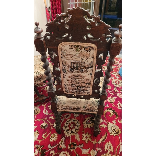 173 - A VERY GOOD PAIR OF HAND CARVED OAK HENRY II STYLE DINING CHAIRS / SIDE CHAIRS, the backs decorated ... 