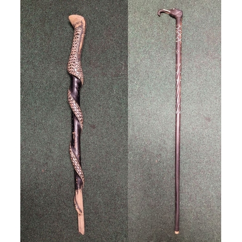 190 - TWO WALKING STICKS (1) AN UNUSUAL MOTHER OF PEARL & BONE INLAID WALKING STICK / STAFF IN THE FORM OF... 