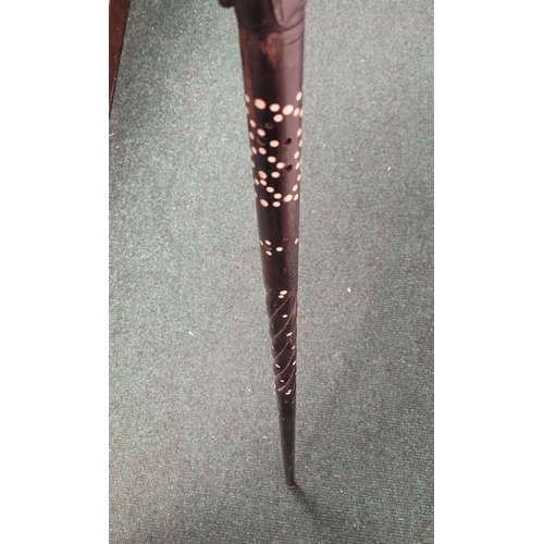 190 - TWO WALKING STICKS (1) AN UNUSUAL MOTHER OF PEARL & BONE INLAID WALKING STICK / STAFF IN THE FORM OF... 