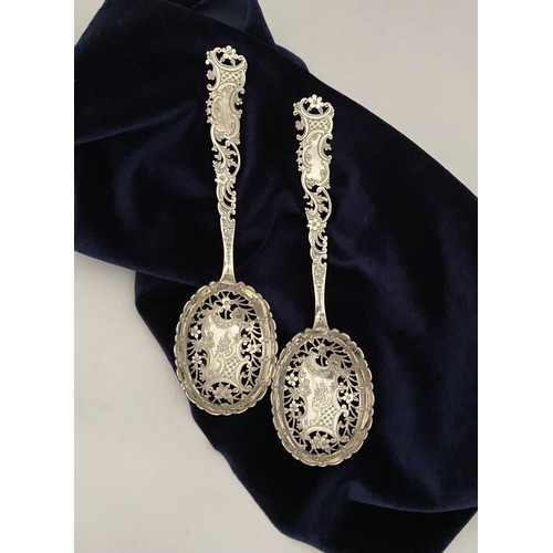 3 - AN ATTRACTIVE PAIR OF VICTORIAN SILVER BERRY SPOONS, Hallmarked Atkin Brothers, Truro Works, Matilda... 