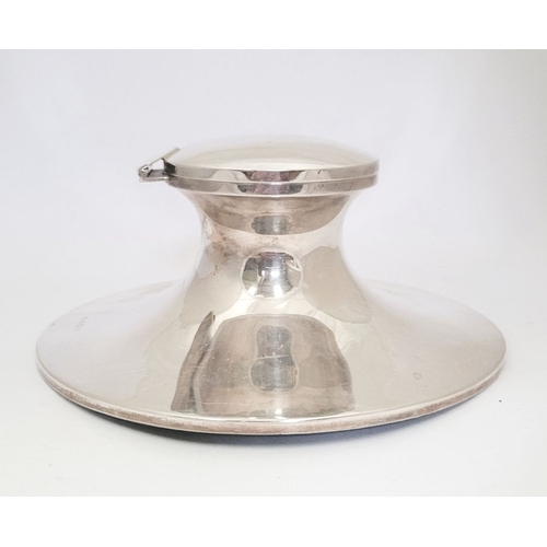 37 - A VERY LARGE SILVER CAPTAINS INKWELL BY A & J ZIMMERMAN, the hinged lid opens to reveal a clear glas... 