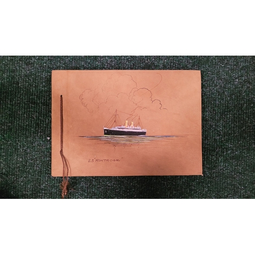 40 - A VINTAGE S.S. MONTROSE HAND POWERED AND COLOURED LEATHER COVERED CRUISE LINER COLLECTABLE ALBUM, be... 