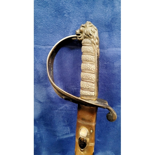 43 - AN EAST INDIA COMPANY NAVAL PIPE-BACK SWORD, in a leather scabbard. The blade is etched with the Hon... 