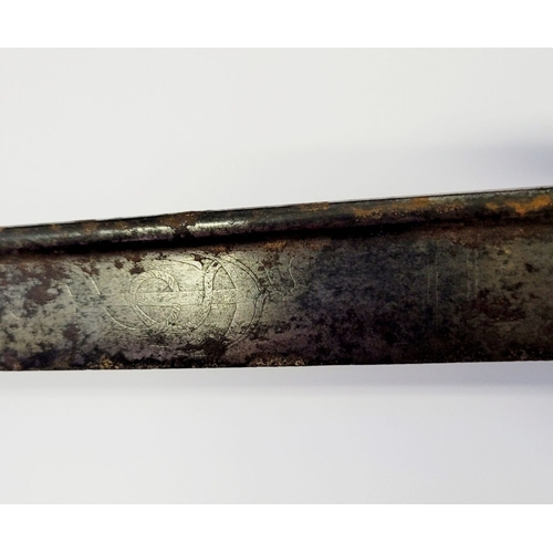 43 - AN EAST INDIA COMPANY NAVAL PIPE-BACK SWORD, in a leather scabbard. The blade is etched with the Hon... 