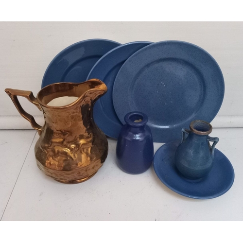 63 - A MIXED LOT: includes: A Wade copper lustre jug 18cm high, William Moorcroft plates, silver rimmed A... 