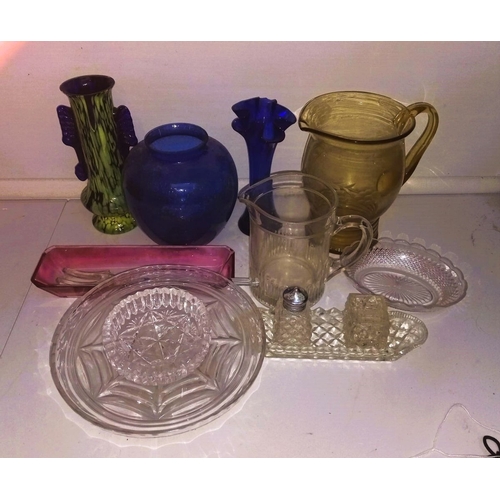 64 - A MISCELLANEOUS VINTAGE GLASSWARE LOT, including jugs, vases & dishes. Some clear glass & some colou... 