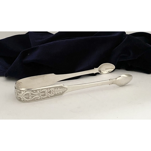 7 - A GEORGE III DUBLIN SILVER SUGAR TONGS, by Matthew West & James England, Dublin c.1818. In the fiddl... 