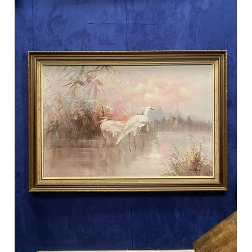 100 - J.H. RUST, ‘HERON’S IN LANDSCAPE’, oil on canvas, signed lower right, in gilt frame. Dimensions: 102... 