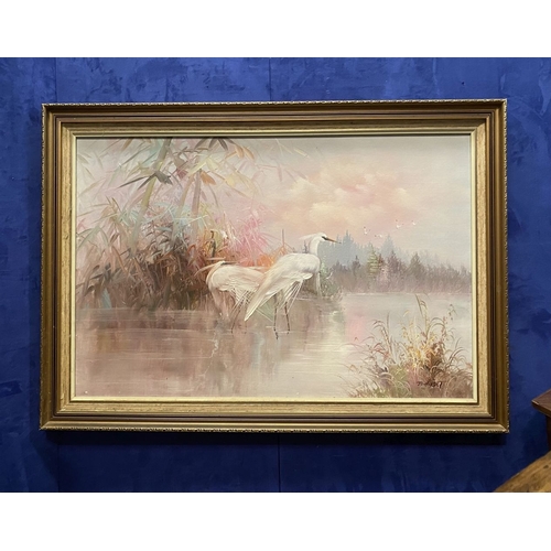 100 - J.H. RUST, ‘HERON’S IN LANDSCAPE’, oil on canvas, signed lower right, in gilt frame. Dimensions: 102... 