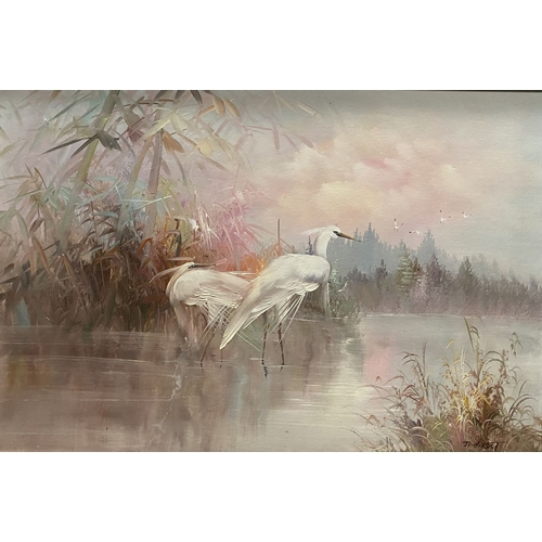 100 - J.H. RUST, ‘HERON’S IN LANDSCAPE’, oil on canvas, signed lower right, in gilt frame. Dimensions: 102... 