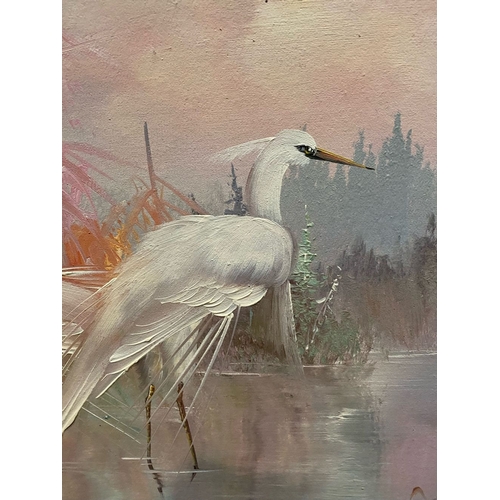 100 - J.H. RUST, ‘HERON’S IN LANDSCAPE’, oil on canvas, signed lower right, in gilt frame. Dimensions: 102... 