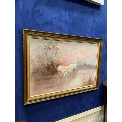 100 - J.H. RUST, ‘HERON’S IN LANDSCAPE’, oil on canvas, signed lower right, in gilt frame. Dimensions: 102... 