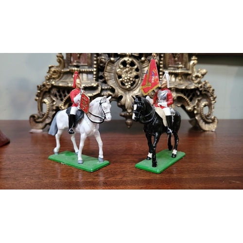 103 - A SELECTION OF VINTAGE TOY HORSES / GUARD ON HORSEBACK, (i) SIX TOY HORSES WITH THREE RIDERS, cast m... 