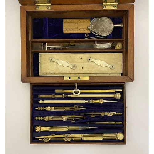 109 - A VINTAGE HARDWOOD CASED SET OF DRAUGHTSMAN TOOLS, the hardwood case with brass cartouche to top and... 