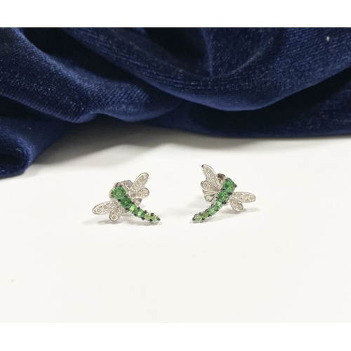 111 - A PAIR OF 18CT WHITE GOLD DRAGONFLY EARRINGS, with six green garnets to centre graduating in size, t... 