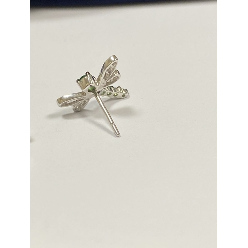 111 - A PAIR OF 18CT WHITE GOLD DRAGONFLY EARRINGS, with six green garnets to centre graduating in size, t... 