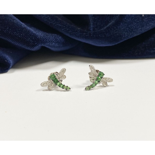 111 - A PAIR OF 18CT WHITE GOLD DRAGONFLY EARRINGS, with six green garnets to centre graduating in size, t... 