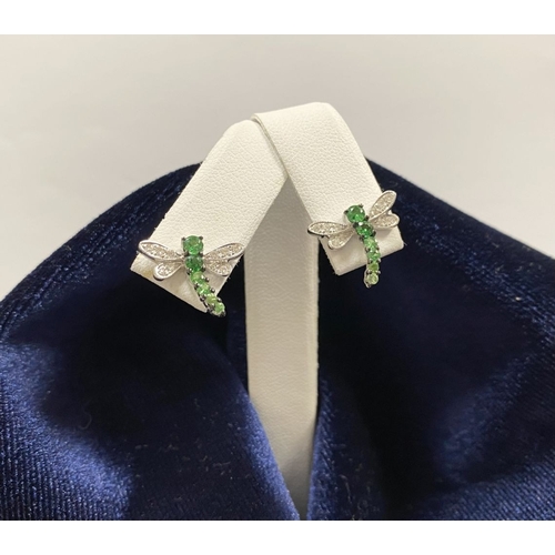 111 - A PAIR OF 18CT WHITE GOLD DRAGONFLY EARRINGS, with six green garnets to centre graduating in size, t... 