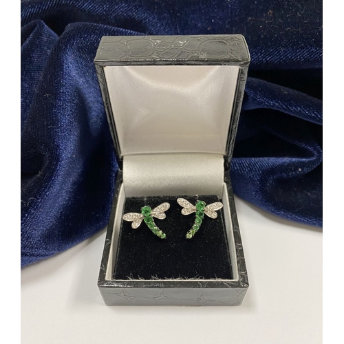 111 - A PAIR OF 18CT WHITE GOLD DRAGONFLY EARRINGS, with six green garnets to centre graduating in size, t... 