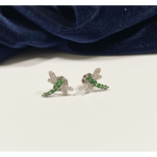 111 - A PAIR OF 18CT WHITE GOLD DRAGONFLY EARRINGS, with six green garnets to centre graduating in size, t... 