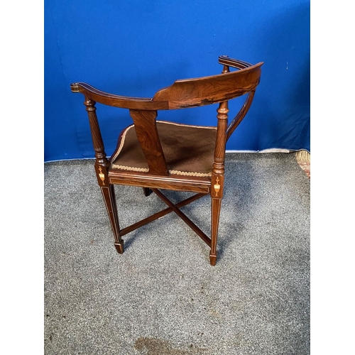 114 - AN EXCELLENT QUALITY SOLID ROSEWOOD INLAID CORNER CHAIR, the curved backrail and supports are finely... 