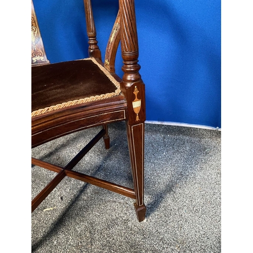 114 - AN EXCELLENT QUALITY SOLID ROSEWOOD INLAID CORNER CHAIR, the curved backrail and supports are finely... 