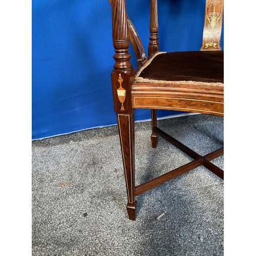 114 - AN EXCELLENT QUALITY SOLID ROSEWOOD INLAID CORNER CHAIR, the curved backrail and supports are finely... 