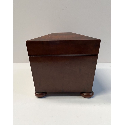 133 - A GOOD MAHOGANY SARCOPHAGUS SHAPED TEA CADDY, with circular brass escutcheon to front, opening to tw... 