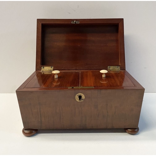 133 - A GOOD MAHOGANY SARCOPHAGUS SHAPED TEA CADDY, with circular brass escutcheon to front, opening to tw... 