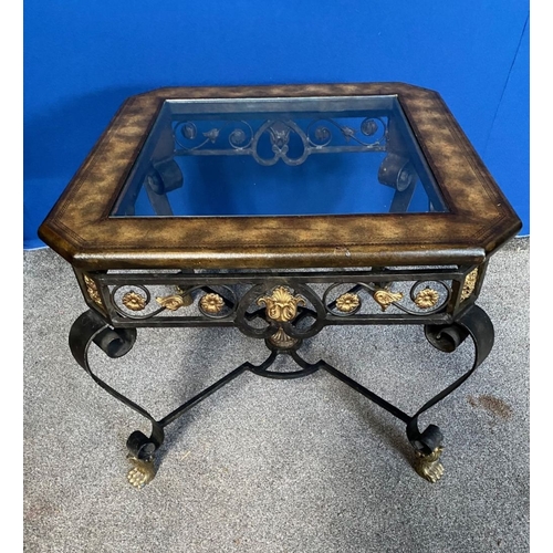 137 - A STEEL & BRASS DESIGNER COFFEE TABLE, the octagonal top with glass insert to centre, raised on supp... 