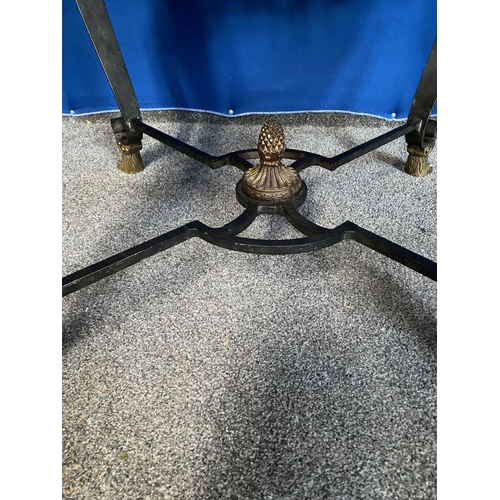 137 - A STEEL & BRASS DESIGNER COFFEE TABLE, the octagonal top with glass insert to centre, raised on supp... 