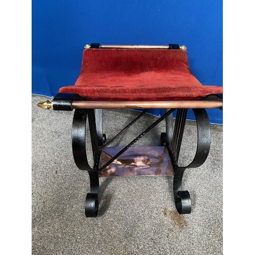 138 - AN ART DECO STYLE STEEL, COPPER & BRASS BENCH, with curved seat, supports to side, raised on base wi... 