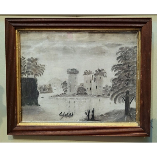 140 - ELLEN ROWENA PETERSON, (19TH CENTURY), CASTLE ON A LAKE, a charcoal and whitening drawing of a lake ... 