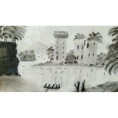 140 - ELLEN ROWENA PETERSON, (19TH CENTURY), CASTLE ON A LAKE, a charcoal and whitening drawing of a lake ... 