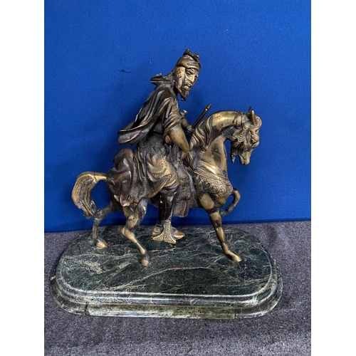 143 - A LARGE BRONZE SCULPTURE ON MARBLE BASE, sculpture of nobleman on horse, finely detailed, on stepped... 