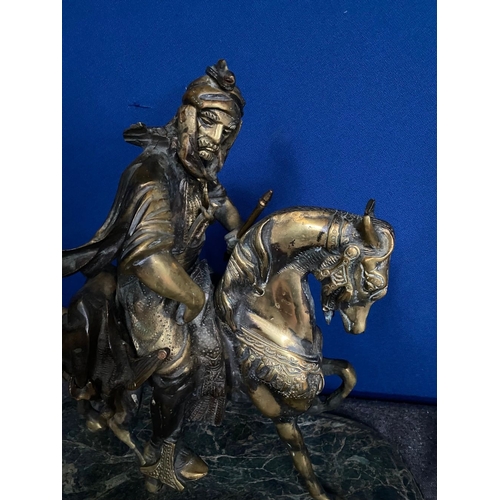 143 - A LARGE BRONZE SCULPTURE ON MARBLE BASE, sculpture of nobleman on horse, finely detailed, on stepped... 