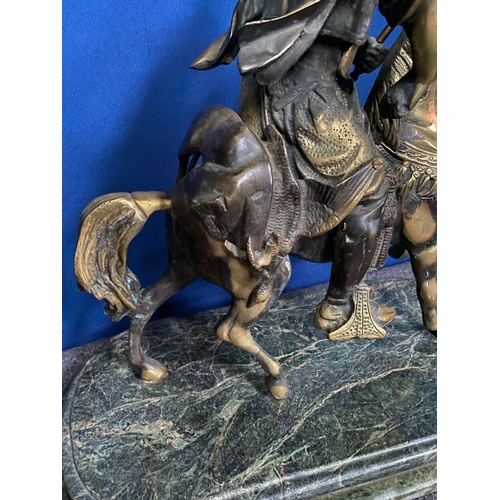 143 - A LARGE BRONZE SCULPTURE ON MARBLE BASE, sculpture of nobleman on horse, finely detailed, on stepped... 